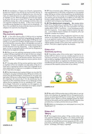 8-14 Δύο παγοδρόμοι, ο Γιώργος και η Ευγενία, προπονούνται.
Η μάζα του Γιώργου είναι 60,0 kg και της Ευγενίας 40,0 kg. Ο
Γιώργος σταματάγια να δέσειτα κορδόνιατου και, ενώ είναι ακί­
νητος, τον κτυπά η Ευγενία που, πριν από τη σύγκρουση, κινείται
με ταχύτητα 12,5 m/s. Μετά τη σύγκρουση, η Ευγενία έχει ταχύτη­
τα με μέτρο 10,0 m/s και σε γωνία 37,0° ως προς την αρχική της
κατεύθυνση κίνησης. Και οι δύο παγοδρόμοι κινούνται πάνω στη
λεία οριζόντια επιφάνεια της πίστας. a) Ποιο είναι το μέτρο και
η κατεύθυνση της ταχύτηταςτου Γιώργου μετάτη σύγκρουση; b)
Ποια είναι η μεταβολή της ολικής κινητικής ενέργειαςτωνδύοπα­
γοδρόμων που οφείλεταιστη σύγκρουση;
Εδάφιο 8-3
Μη ελαστικές κρούσεις
8-15 a) Ένα άδειο βαγόνι μάζας 10 000 kg κυλά με ταχύτητα
4,00 m/s κατά μήκος μιας οριζόντιας σιδηροδρομικής γραμμής και
συγκρούεται με ένα φορτωμένο βαγόνι μάζας 20 000 kg που είναι
ακίνητο, με τα φρένα του ελεύθερα. Η τριβή μπορεί να αγνοηθεί.
Αν τα δύο βαγόνια ενώνονται, βρείτε τηνταχύτητά τους μετά τη
σύγκρουση. b) Βρείτε τη μεταβολή στην ολική κινητική ενέργεια
των δύο βαγονιών λόγωτης σύγκρουσης. c) Ποια ταχύτητα θα έ­
πρεπε να είχε το φορτωμένο βαγόνι ώστε μετά τη σύγκρουση τα
δύο βαγόνια να παρέμεναν ακίνητα;
8-16 Πάνω σε μια λεία οριζόντια αεροτροχιά κινείται ένα βαγό­
νι μάζας 0,300 kg μεταχύτητα6,00 m/s προς τα δεξιά και συγκρού­
εται με ένα άλλο μάζας 0,800 kg που κινείται με ταχύτητα 1,50 m/s
προς τ' αριστερά. a) Αν τα δύο βαγόνια κολλάνε, ποια είναι η τε­
λική τους ταχύτητα; b) Πόση μηχανική ενέργεια χάνεται στη σύ­
γκρουση;
8-17 Ένα ψάρι μάζας 18,0 kg κινείται οριζόντια προς τα δεξιά
με ταχύτητα 3,20 m/s και καταπίνει έναψάρι μάζας 2,0 kg που κι­
νείταιπροςτ' αριστερά με 6,80 m/s. Ποια είναι η ταχύτητα του με­
γάλου ψαριού μετάτογεύματου αν αγνοηθούν οι δυνάμεις που α­
σκείτονερό πάνω στα ψάρια;
8-18 Στη διασταύρωση της λεωφόρου Κύπρου και της οδσύ Πα­
νεπιστημίου, ένα μικρό αυτοκίνητο μάζας900 kg που κινείται ανα­
τολικά στην οδό Πανεπιστημίου, συγκρούεται με ένα μικρό φορ­
τηγό μάζας 1500 kg που κινείται βόρεια στη λεωφόρο Κύπρου και
δεν σταμάτησε στο κόκκινο (Σχ. 8-32). Ως αποτέλεσμα της σύ­
γκρουσης τα δύο αυτοκίνητα κολλάνε και το σύμπλεγμα κινείται
αμέσως μετά με ταχύτητα 16,0 m/s σε κατεύθυνση 24,0° ανατολι­
κά του βορρά. Υπολογίστε τις ταχύτητες των δύο οχημάτων. (Οι
δυνάμεις τριβής ανάμεσα στα αυτοκίνητα καιτο δρόμο μπορούν
να αγνοηθούνκατάτη διάρκεια της σύγκρουσης).
y (Βορράς)
[J
ΣΧΗΜΑ S-32
ΑΣΚΗΣΕΙΣ 225
8-19 Ένα αυτοκίνητο μάζας 2000 kg που κινείται ανατολικά
στην οδό Καστανιάς με 40,0 km/h, συγκρούεται με ένα φορτηγό
μάζας 4000 kg που κινείται νότια διασχίζοντας την οδό Καστανιάς
με 20,0 km/h. Ποιο είναι το μέτρο και η κατεύθυνση της ταχύτητάς
τους αμέσως μετά τη σύγκρουση, αν κινηθούν ως ένα σώμα; (Οι
δυνάμειςτριβής ανάμεσα στα οχήματα και το δρόμο μπορούν να
αγνοηθούν κατάτη διάρκειατης σύγκρουσης).
8-20 Ένα βαλλιστικό εκκρεμές. Μια σφαίρα όπλου,
μάζας 10,0 g, πυροβολείται με ταχύτητα 500 m/s προς ένα βαλλι­
στικό εκκρεμές μάζας 5,00 kg, που είναι κρεμασμένο στο άκρο
χορδής μήκους 0,600 m. Υπολογίστε a) την κατακόρυφη μετατό­
πιση του εκκρεμούς, b) την αρχική κινητική ενέργεια της σφαί­
ρας, c) την κινητική ενέργεια σφαίρας και εκκρεμούς, μόλις έχει
σφηνωθεί η σφαίρα στο εκκρεμές.
8-21 Μια σφαίρα μάζας 5,00 g πυροβολείται οριζόντια και σφη­
νώνεται σε ένα κομμάτι ξύλο μάζας 2,50 kg που είναι ακίνητο πά­
νω σε μια οριζόντια επιφάνεια. Ο συντελεστής κινητικήςτριβής α­
νάμεσα στοξύλο και την επιφάνεια είναι 0,20. Το ξύλο με τη σφη­
νωμένη σφαίρα γλυστρά 0,250 m πάνω στην επιφάνεια πριν στα­
ματήσει. Ποια ήταν η αρχική ταχύτητα της σφαίρας;
Εδάφιο 8-4
Ελαστικές κρο �σεις
8-22 Ένας βώλος μάζας 10,0 g κινείται προς τ' αριστερά με τα­
χύτητα 0,400 m/s πάνω σε λεία και επίπεδη επιφάνεια και συ­
γκρούεται μετωπικά με ένα βαρύτερο βώλο 30,0 g που κινείται
προςτα δεξιά με ταχύτητα 0,200 m/s (Σχ. 8-33). Αν η κρούση είναι
τελείως ελαστική, βρείτε τις ταχύτητες των δύο βώλων (μέτρο και
κατεύθυνση) μετά την κρούση. (Επειδή η κρούση είναι μετωπική,
η κίνηση των δύο σωμάτωνγίνεται πάνω σε μια ευθεία).
30,0g 10,0g
ΣΧΗΜΑ S-33
8-23 Μια μάζα 0,300 kg κινείται προς τα δεξιά πάνω σε μια ορι­
ζόντια, λεία επιφάνεια, με ταχύτητα 0,60 m/s. Συγκρούεται μετω­
πικά με μια άλλη μάζα 0,200 kg που κινείται προς τ' αριστερά με
ταχύτητα 1,50 m/s. Βρείτε τις τελικές ταχύτητες (μέτρο και κατεύ­
θυνση) των δύο μαζών μετά την κρούση. (Επειδή η κρούση είναι
μετωπική όλες οι κινήσεις γίνονταιπάνω σε μια ευθεία).
8-24 Εκθέστε τις λεπτομέρειεςτου υπολογισμού τωνα καιβ στο
Παράδειγμα 8-11.
Εδάφιο 8-5
Ώθηση
8-25 Ένα κομμάτι πάγου, μάζας 1,50 kg, κινείται πάνω σε μια
λεία, οριζόντια επιφάνεια. Στο χρόνο ι = Ο, ο πάγος κινείται προς
τα δεξιά με ταχύτητα 5,00 m/s. Υπολογίστε την ταχύτητα του πά­
γου (μέτρο και κατεύθυνση) μετά την εφαρμογή επί 5,00 s, καθε­
μιάςαπό τις ακόλουθες δυνάμεις: a) δύναμης 5,00 Ν προςτα δε­
ξιά και b) δύναμης 7,00 Νπροςτ' αριστερά.
 