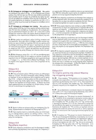 226 ΚΕΦΑΛΑΙΟ 8 ΟΡΜΗ ΚΑΙ ΩΘΗΣΗ
8-26 Δύναμη σε κτύπημα του μπέιζμπολ. Μια μπάλα
του μπέιζμπολ έχει μάζα 0,145 kg. a) Αν η ταχύτητα μιας τέτοιας
μπάλας είναι 30,0 rn/s πριν και 50,0 rn/s στην αντίθετη κατεύθυνση
αφού χτυπηθεί, βρείτε το μέτρο της μεταβολής της ορμής της μπά­
λας και την ώθηση που ασκήθηκε επάνωτης από το μπαστούνι. b)
Αν η μπάλα βρίσκεται σε επαφή με το μπαστούνι για 2,00 χ 10-3 s,
βρείτε το μέτρο της μέσηςτιμήςτης δύναμης που ασκήθηκε απότο
μπαστούνι.
8-27 Δύναμη σε κτύπημα του γκολφ. Μια μπάλα του
γκολφ, μάζας 0,0450 kg, που είναι αρχικά ακίνητη, αποκτά ταχύ­
τητα 50,0 m/s όταν κτυπηθεί με ένα μπαστούνι. Αν η επαφή μπά­
λας και μπαστουνιού διαρκεί για 2,00 χ ιο-3 s ποια είναι η μέση
δύναμη που ασκείται πάνω στη μπάλα; Κατά τη διάρκεια του
κτυπήματος, είναι σημαντική η επίδραση του βάρους της μπά­
λας;
8-28 Μια μπάλα του μπέιζμπολ, μάζας 0,145 kg, χτυπιέται από
ένα μπαστούνι. Λίγο πριν από το κτύπημα η μπάλα κινείται ορι­
ζόντια και προς τα δεξιά με ταχύτητα 40,0 m/s και αμέσως μετά
το κτύπημα κινείται με 60,0 m/s προς τ' αριστερά και σε γωνία
30• πάνωαπότην οριζόντια. Αν μπάλα και μπαστούνι βρίσκονται
σε επαφή για 5,00 χ 10-3 s, βρείτε την οριζόντια και την κατακό­
ρυφη συνιστώσα της μέσης δύναμης που ασκείται πάνω στη μπά­
λα.
8-29 Μια δύναμη με μέτρο F(t) = Α + Βι2 και κατεύθυνση προς
τα δεξιά ασκείται πάνω σε ένα κορίτσι με πατίνια. Η μάζα του
κοριτσιού είναι m. Η δύναμη εφαρμόζεται από τη χρονική στιγμή
t
1
= Ο μέχρι ι = t
2• a) Ποια είναι η ώθηση J της δύναμης; b) Αν
το κορίτσι είναι αρχικά ακίνητο, ποια είναι η ταχύτητά του τη
στιγμή t
2
;
Εδάφιο 8-6
Κέντρο μάζας
8-30 Ένα αυτοκίνητο μάζας 1000 kg κινείται σε ευθύγραμμο
δρόμο με 12,0 m/s. Ένα άλλο αυτοκίνητο, μάζας 2000 kg, κινείται
με ταχύτητα 2,0 m/s και βρίσκεται 40,0 m μπροστά από το πρώτο
(Σχ. 8-34). a) Βρείτε το κέντρο μάζας των δύο αυτοκινήτων. b)
Βρείτε το μέτρο της ολικής ορμής από τα στοιχεία που δόθηκαν.
c) Βρείτε την ταχύτητα του κέντρου μάζας. d) Βρείτε την ολική
ορμή, χρησιμοποιώντας την ταχύτητα του κέντρου μάζας. Συγκρί­
νατε με το αποτέλεσματου ερωτήματος (b).
12,0 m/s
�
2000 kg
ι.Ε----- 40,0 m ----�
ΣΧΗΜΑ S-34
20,0m/s
�
8-31 Βρείτε τη θέση του κέντρου μάζας του συστήματος Γης-Σε­
λήνης. Χρησιμοποιήστε τα δεδομένα του Παραρτήματος ΣΤ'.
8-32 Τρία σωμάτια έχουντις ακόλουθες μάζες και συντεταγμέ­
νες: (1) 2,00 kg (4,00 m, 2,00 m)· (2) 3,00 kg, (1,00 m, -4 m)· (3)
4,00 kg, (-3,00 m, 6,00 m). Βρείτε τις συντεταγμένες του κέντρου
μάζαςτου συστήματος.
Εδάφιο 8-8
Προώθηση πυραύλου
8-33 Ένας πύραυλος εκτοξεύεται από ένα διαστημικό σταθμό,
όπου η δύναμη της βαρύτητας είναι πολύ μικρή. Αν ο πύραυλος έ-
χει αρχική μάζα 5000 kgκαι αποβάλλει αέρια με μια σχετική ταχύ­
τητα 2000 rn/s, πόση μάζα αερίου πρέπει να αποβάλλει ανά δευτε­
ρόλεπτο για να έχειαρχική επιτάχυνση 20,0 m/s2;
* 8-34 Ένας πύραυλος εκτοξεύεταιστο διάστημα όπουυπάρχει α­
μελητέο βαρυτικό πεδίο. Στο πρώτο δευτερόλεπτο αποβάλλειτο io
της μάζας του ως αέριο και αποκτά επιτάχυνση 40,0 m/sΌ Ποια εί­
ναι η σχετικήταχύτητατου αερίου ως προς τον πύραυλο;
* 8-35 Ένας μικρός πύραυλος καίει καύσιμο με ρυθμό 0,0500 kg/s,
εκτοξεύοντας τα αέρια που παράγονται με ταχύτητα 800 m/s σε
σχέση με τον πύραυλο. a) Πόση δύναμη ασκούν αυτά τα αέρια
πάνωστονπύραυλο; b) Θα λειτουργούσε ο πύραυλος στο διάστη­
μα; c) Αν θα λειτουργούσε στο διάστημα πώς θα τον κατευθύνα­
τε; Θα μπορούσατε νατον φρενάρετε;
* 8-36 Ένας πύραυλος εκτοξεύεται από ένα διαστημικό σταθμό,
όπου το βαρυτικό πεδίο είναι αμελητέο. Αν ο πύραυλος καίει τα
καύσιμάτου σε χρόνο 40,0 s και η ταχύτητατων εκτοξευομένων α­
ερίων σε σχέση με τον πύραυλο είναι υeχ = 3000 m/s, ποιος πρέπει
να είναι ο λόγος mrJm για να επιτευχθείτελική ταχύτητα υ = 8,00
km/s (ίση περίπου με την τροχιακή ταχύτητα ενός δορυφόρου της
Γης);
* 8-37 Οι πύραυλοι μπορούν προφανώς να κινηθούν πολύ γρήγο­
ρα, αλλά ποια θαήταν μια λογική μέγιστη ταχύτητα; Υποθέστε ότι
ένας πύραυλος εκτοξεύεται από ένα διαστημικό σταθμό όπου το
πεδίο βαρύτητας είναι αμελητέο. a) Αν ο πύραυλος αποβάλλει α­
έρια με σχετική ταχύτητα 2000 m/s και η τελική ταχύτητα του πυ­
ραύλου θέλετε να είναι 1,00 χ ιο-3 c, όπου c είναι η ταχύτητα του
φωτός στο κενό, τι κλάσμα της ολικής αρχικής μάζας πυραύλου
και καυσίμων δεν είναι καύσιμα; b) Ποιο θα έπρεπε να ήταν αυ­
τό το κλάσμα για τελική ταχύτητα 3000 m/s;
Εδάφιο 8-9
Το νετρίνο: μελέτη ενός ειδικού θέματος
της σύγχρονης φυσικής
8-38 Ένας πυρήνας 1"'Pt διασπάται σε ένα πυρήνα 1860s με
εκπομπή ενός σωματιδίου α. Η ολική κινητική ενέργεια των
προ'ίόντων της διάσπασης είναι 5,20 χ 10-3 J. Ένα σωματίδιο α
έχει τα 2,15% της μάζας ενός πυρήνα του 1860s. Υπολογίστε τις
κινητικές ενέργειες (a) του πυρήνα του 1860s, (b) του σωματιδίου
α.
8-39 Σε μιαδιάσπαση α, η κινητική ενέργεια του σωματιδίου α
είναι 1,070 χ 10-3J και η τιμή του Q της διάσπασης είναι 1,090 χ
10-3J. Πόση είναι η μάζατου θυγατρικούπυρήνα;
8-40 Ο πυρήνας του 21Έί μπορεί να υποστεί διάσπαση β- σε
21'Ρο. Υποθέστε ότι το εκπεμπόμενα ηλεκτρόνιο κινείται προς τα
δεξιά με ορμή που βρίσκεται σχετικιστικά ίση με 6,20 χ ιο-22 kg ο
m/s. Ο πυρήνας του 21'Ρο, με μάζα 3,50 χ ιο-25 kg, κινείται προς
τ' αριστερά με ταχύτητα 1,14 χ 103 m/s. Υπολογίστε το μέτρο και
την κατεύθυνση της ορμής του αντινετρίνου που εκπέμπεται στη
διάσπαση. [Ο πυρήνας του 21'Ρο κινείται με ταχύτητα πολύ μι­
κρότερη από αυτήν του φωτός στο κενό και γι' αυτό η ορμή του
μπορεί να υπολογιστεί από τη μη σχετικιστική σχέση της Εξ.
(8-1)].
8-41 Ο πυρήνας του 21Έί μπορεί να υποστεί διάσπαση β- σε
210Ρο. Σε μια συγκεκριμένη διάσπαση, το ηλεκτρόνιο και το αντι­
νετρίνο εκπέμπονται σε κατευθύνσεις που σχηματίζουν ορθή γω­
νία μεταξύ τους. Τα μέτρα των ορμών τους είναι 3,60 χ ιο-22 kg ·
m/s για το ηλεκτρόνιο και 4,40 χ ιο-22 kg · m/s για το αντινετρίνο.
Ο πυρήνας του210Ρο έχει μάζα 3,50 χ ιο-25 kg. Υπολογίστε a) το
μέτρο της ορμής του πυρήνα του 21'Ρο, b) την κινητική του ενέρ­
γεια.
 