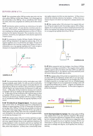 ΠΡΟΒΛΉΜΑΤΑ 227
Π Ρ Ο Β Λ Η Μ Α Τ Α _____________________
8-42 Ένα αυτοκίνητο μάζας 1500 kg κινείται προς νότο ενώ ένα
άλλο, μάζας 2000 kg, κινείται προς δυσμάς. Αν η ολική ορμή των
δύο αυτοκινήτων είναι 9000 kg · m/s με κατεύθυνση 30,0• δυτικά
του νότου, ποια είναι η ταχύτητατου καθενός από τα δύο αυτοκί­
νητα;
8-43 Δύο βαγόνια τρένου κινούνται και ενώνονται με ένα τρίτο
που είναι αρχικά ακίνητο. Τα τρία βαγόνια κινούνται μαζί και ε­
νώνονται με ένατέταρτο. Αυτή η διαδικασία συνεχίζεται μέχρις ό­
του η ταχύτητατης τελικής ομάδας βαγονιών να είναι το ϊϊ της τα­
χύτητας των δύο πρώτων βαγονιών. Όλα τα βαγόνια είναι πανο­
μοιότυπα. Αγνοώντας την τριβή βρείτε πόσα βαγόνια βρίσκονται
ενωμένα τελικά.
8-44 Τα αντικείμεναΑ (μάζα 2,00 kg), Β (μάζα 3,00 kg) και C
(μάζα 4,00 kg) πλησιάζουν την αρχή των αξόνων (Σχ. 8-35). Οι
αρχικές ταχύτητες τωνΑ καιΒ δίνονται στο σχήμα. Τατρία αντι­
κείμενα φθάνουν στο Ο την ίδια στιγμή. Ποιες πρέπει να είναι οι
συνιστώσεςχ καιy της αρχικής ταχύτητας του C, ώστε τα τρία α­
ντικείμενα να παραμείνουν ακίνητα μετάτη σύγκρουση;
ΣΧΗΜΑ 8-35
Υ
I
Ο I
I
Β
Ιv8 = 0,50m/s
I
60• υΑ = 1,50m/s
-χ
Υ Α
c
8-45 Ένα χειροκίνητο βαγόνι κινείται κατά μήκος μιας ευθύ­
γραμμης γραμμής, χωρίς τριβές. Σε κάθε μια από τις ακόλουθες
τρεις περιπτώσεις το βαγόνι έχει αρχικά ολική μάζα (βαγόνι και
περιεχόμενα) 200 kg και ταξιδεύει προς ανατολάς με ταχύτητα
5,00 m/s. Βρείτε την τελική ταχύτητα του βαγονιού σε κάθε περί­
πτωση. a) Μια μάζα 20,0 kg εκτοξεύεται πλαγίως απότο βαγόνι
με ταχύτητα 2,00 m/s σε σχέση με την αρχική ταχύτητατου βαγονι­
ού. b) Μια μάζα 20,0 kg εκτοξεύεται από το βαγόνι προς τα πίσω
με ταχύτητα 5,00 m/s ως προς το βαγόνι. c) Μια μάζα 20,0 kg πε­
τιέται μέσα στο βαγόνι με ταχύτητα 6,00 m/s ως προςτο έδαφος
και σε κατεύθυνση αντίθετη αυτής της αρχικήςταχύτητας του βα­
γονιού.
8-46 Ένα βαγόνι με διαρροή άμμου. Ένα βαγόνι γεμάτο
άμμο κυλάει πάνω σε ευθύγραμμη οριζόντια σιδηροδρομική
γραμμή, με αρχική ταχύτητα 12,0 m/s. Η ολική μάζα του βαγονιού
με την άμμο είναι 1200 kg. Το βαγόνι έχει μια τρύπα στο κάτω μέ­
ρος, από την οποία τρέχει άμμος. Μετά από 20 min, έχει χαθεί συ­
νολικά άμμος μάζας 200 kg. Ποια είναι τότε η ταχύτητα του βαγο­
νιού; (Συγκρίνετε την ανάλυσή σας με αυτήν που χρησιμοποιήθη­
κε στη λύση τηςΆσκησης 8-12).
8-47 Μια σφαίρα μάζας 2,00 g που κινείται οριζόντια με ταχύ­
τητα 500 m/s συγκρούεται με ένα κομμάτι ξύλου, μάζας 1,00 kg,
που είναι αρχικά ακίνητο πάνω σε μια οριζόντια επιφάνεια. Η
σφαίρα διαπερνά το ξύλο και βγαίνει από αυτό με ταχύτητα 100
m/s. Το ξύλο γλυστρά για απόσταση 0,30 m από την αρχική του
θέση, πάνω στην επιφάνεια a) Ποιος είναι ο συντελεστής κινητι-
κής τριβής ανάμεσα στοξύλο και την επιφάνεια; b) Ποια είναι η
μείωση της κινητικής ενέργειας της σφαίρας; c) Ποια είναι η κι­
νητική ενέργεια του ξύλου τη στιγμή που η σφαίρα βγαίνει από
αυτό;
8-48 Μια σφαίρα μάζας 5,00 g διαπερνά ένα κομμάτι ξύλο μά­
ζας 1,00 kg που κρέμεται από ένα ελατήριο μήκους 2,00 m. Παρα­
τηρείται ότι το κέντρομάζαςτου ξύλου ανυψώνεταικατά 0,45 cm.
Βρείτε την ταχύτητα της σφαίρας τη στιγμή που βγαίνει από το ξύ­
λο, αν η αρχική της ταχύτητα ήταν ίση με 300 m/s.
ΣΧΗΜΑ 8-36
8-49 Μόλις κρεμαστεί από ένα ελατήριο, ένας δίσκος 0,200 kg,
επιμηκύνει το ελατήριοκατά0,050 m. Ένα κομμάτιστόκου, μάζας
0,200 kg, ρίχνεται πάνω στον δίσκο από ύψος 0,300 m με μηδενική
αρχική ταχύτητα (Σχ. 8-36). Βρέστε τη μέγιστη απόσταση κατά
την οποία ο δίσκος θα κινηθεί προς τα κάτω.
8-50 Μια σφαίρα μάζας 10,0 g κτυπά και σφηνώνεται σε ένα σώ­
μα μάζας 0,990 kg που βρίσκεται ακίνητο πάνω σε μια λεία οριζό­
ντια επιφάνεια και είναι συνδεδεμένο με ένα ελατήριο (Σχ. 8-37).
Η ώθηση συμπιέζει το ελατήριο κατά 10,0 cm. Η βαθμονόμηση
του ελατηρίου δείχνει ότι για να συμπιεστείτο ελατήριο κατά 1,00
cm χρειάζεται δύναμη ίση με 2,00 Ν. a) Βρείτε τηνταχύτητα του
σώματος αμέσως μετά τη σύγκρουση. b) Ποια ήταν η αρχική τα­
χύτητατης σφαίρας;
υ
- �
ΣΧΗΜΑ S-37
�10,0cm4
8-51 Εξοστρακιζόμενη σφαίρα. Μια πέτρα μάζας 0,100 kg
είναι ακίνητη πάνω σε μια λεία οριζόντια επιφάνεια. Μια σφαίρα
μάζας 2,50 g κινείται οριζόντια με ταχύτητα 450 m/s, κτυπά την πέ­
τρα και αναπηδά οριζόντια σε κατεύθυνση που σχηματίζει ορθή
γωνία με την αρχική της και με ταχύτητα ίση προς 300 m/s. (a)
Υπολογίστε το μέτρο και την κατεύθυνση της ταχύτητας της πέ­
τρας μετά το κτύπημα που δέχεται. (b) Η κρούση είναι τελείως ε­
λαστική;
 