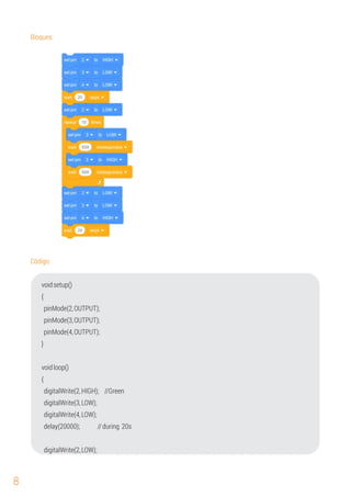 8
Bloques:
Código:
voidsetup()
digitalWrite(3,LOW);
pinMode(3,OUTPUT);
digitalWrite(2,LOW);
digitalWrite(4,LOW);
pinMode(2,OUTPUT);
digitalWrite(2,HIGH); //Green
delay(20000); //during 20s
{
{
pinMode(4,OUTPUT);
}
voidloop()
 