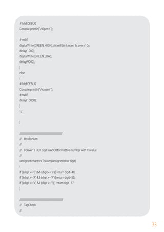 33
// HexToNum
// ConvertaHEXdigitinASCIIformattoanumberwithitsvalue
{
delay(9000);
//
Console.println("/Open/");
delay(1000);
#ifdefDEBUG
digitalWrite(GREEN,LOW);
#endif
#endif
{
delay(10000);
*/
}
#ifdefDEBUG
}
else
Console.println("/close/");
digitalWrite(GREEN,HIGH);//itwillblinkopen1severy10s
}
///////////////////////////////////////////////////////
//
unsignedcharHexToNum(unsignedchardigit)
if((digit>='0')&&(digit<='9'))returndigit-48;
////////////////////////////////////////////////////////
// TagCheck
//
}
if((digit>='A')&&(digit<='F'))returndigit-55;
if((digit>='a')&&(digit<='f'))returndigit-87;
 
