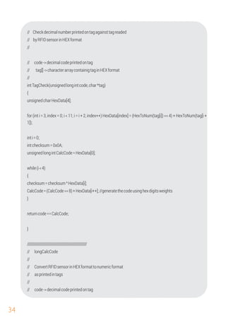 34
// Checkdecimalnumberprintedontagagainsttagreaded
// byRFIDsensorinHEXformat
// code->decimalcodeprintedontag
//
{
unsignedcharHexData[4];
for (int i = 3, index = 0; i < 11; i = i + 2, index++) HexData[index] = (HexToNum(tag[i]) << 4) + HexToNum(tag[i +
1]);
//
// tag[]->characterarraycontainigtaginHEXformat
intTagCheck(unsignedlongintcode,char*tag)
unsignedlongintCalcCode=HexData[0];
CalcCode=(CalcCode<<8)+HexData[i++];//generatethecodeusinghexdigitsweights
while(i<4)
returncode==CalcCode;
////////////////////////////////////////////////////////
}
//
// ConvertRFIDsensorinHEXformattonumericformat
}
inti=0;
// code->decimalcodeprintedontag
//
checksum=checksum^HexData[i];
// longCalcCode
// asprintedintags
intchecksum=0x0A;
{
 