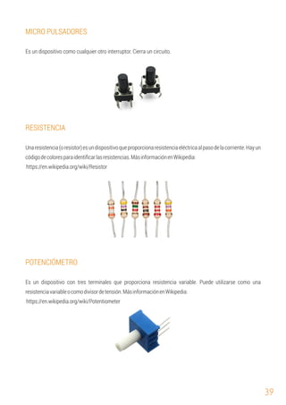 39
POTENCIÓMETRO
Es un dispositivo como cualquier otro interruptor. Cierra un circuito.
MICRO PULSADORES
RESISTENCIA
https://en.wikipedia.org/wiki/Resistor
Unaresistencia(oresistor)esundispositivoqueproporcionaresistenciaeléctricaalpasodelacorriente.Hayun
códigodecoloresparaidentiﬁcarlasresistencias.MásinformaciónenWikipedia:
Es un dispositivo con tres terminales que proporciona resistencia variable. Puede utilizarse como una
resistenciavariableocomodivisordetensión.MásinformaciónenWikipedia:
https://en.wikipedia.org/wiki/Potentiometer
 