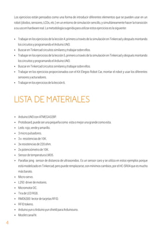 4
Los ejercicios están pensados como una forma de introducir diferentes elementos que se pueden usar en un
robot (diodos, sensores, LCDs, etc.) en un entorno de simulación sencillo, y simultáneamente hacer la transición
asuusoenhardwarereal.Lametodologíasugeridaparautilizarestosejercicioseslasiguiente:
Ÿ BuscarenTinkercadcircuitossimilaresytrabajarsobreellos.
Ÿ Trabajarenlosejerciciosdelalección4,primeroatravésdelasimulaciónenTinkercadydespuésmontando
loscircuitosyprogramandoelArduinoUNO.
Ÿ Trabajar en los ejercicios proporcionados con el Kit Elegoo Robot Car, montar el robot y usar los diferentes
sensoresyacturadores.
Ÿ BuscarenTinkercadcircuitossimilaresytrabajarsobreellos.
Ÿ Trabajarenlosejerciciosdelalección5,primeroatravésdelasimulaciónenTinkercadydespuésmontando
loscircuitosyprogramandoelArduinoUNO.
Ÿ Trabajarenlosejerciciosdelalección6.
Ÿ 3xresistenciasde220ohm.
Ÿ ArduinoUNOconATMEGA328P.
Ÿ 2xpotenciómetrode10K.
Ÿ 3x resistenciasde10K.
Ÿ RMD6300 lectordetarjetasRFID.
Ÿ MicromotorDC.
Ÿ Protoboard,puedeserunapequeñacomo estaomejorunagrandecomoesta.
Ÿ TiradeLEDRGB.
Ÿ L293 driverdemotores.
Ÿ MosfetcanalN.
Ÿ 3micropulsadores.
Ÿ ArduinoyunoArduinoyunshieldparaArduinouno.
Ÿ SensordetemperaturaLM35.
Ÿ Parallax ping sensor de distancia de ultrasonidos. Es un sensor caro y se utiliza en estos ejemplos porque
estámodelizadoenTinkercad,peropuederemplazarse,conmínimoscambios,porelHC-SR04queesmucho
másbarato.
Ÿ Leds:rojo,verdeyamarillo.
Ÿ RFIDtokens.
Ÿ Micro-servo.
LISTA DE MATERIALES
 