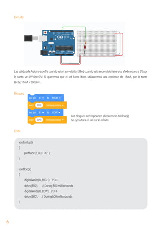 6
Circuito:
LassalidasdeArduinoson5Vcuandoestánanivelalto.ElledcuandoestáencendidotieneunaVledcercanaa2V,por
lo tanto Vr=5V-Vled=3V. Si queremos que el led luzca bien, utilizaremos una corriente de 15mA, por lo tanto
R=3V/15mA=200ohm.
Bloques:
Code:
delay(500); //During500milliseconds
voidloop()
{
digitalWrite(8,HIGH); //ON
}
{
digitalWrite(8,LOW); //OFF
pinMode(8,OUTPUT);
voidsetup()
delay(500); //During500milliseconds
}
Los bloques corresponden al contenido del loop().
Se ejecutará en un bucle inﬁnito.
 