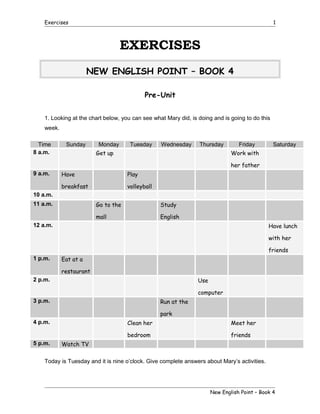 Exercises

1

EXERCISES
NEW ENGLISH POINT – BOOK 4
Pre-Unit
1. Looking at the chart below, you can see what Mary did, is doing and is going to do this
week.
Time
8 a.m.

Sunday

Monday

Tuesday

Wednesday

Thursday

Get up

Friday

Saturday

Work with
her father

Have

Play

breakfast

9 a.m.

volleyball

10 a.m.
Go to the

Study

mall

11 a.m.

English
Have lunch

12 a.m.

with her
friends
1 p.m.

Eat at a
restaurant
Use

2 p.m.

computer
Run at the

3 p.m.

park
Clean her

5 p.m.

Meet her

bedroom

4 p.m.

friends

Watch TV

Today is Tuesday and it is nine o’clock. Give complete answers about Mary’s activities.

New English Point – Book 4

 