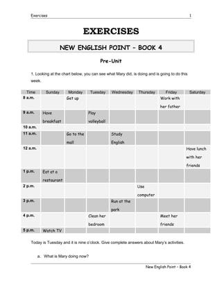 Exercises

1

EXERCISES
NEW ENGLISH POINT – BOOK 4
Pre-Unit
1. Looking at the chart below, you can see what Mary did, is doing and is going to do this
week.
Time
8 a.m.

Sunday

Monday

Tuesday

Wednesday

Thursday

Get up

Friday

Saturday

Work with
her father

Have

Play

breakfast

9 a.m.

volleyball

10 a.m.
Go to the

Study

mall

11 a.m.

English
Have lunch

12 a.m.

with her
friends
1 p.m.

Eat at a
restaurant
Use

2 p.m.

computer
Run at the

3 p.m.

park
Clean her

5 p.m.

Meet her

bedroom

4 p.m.

friends

Watch TV

Today is Tuesday and it is nine o’clock. Give complete answers about Mary’s activities.
a. What is Mary doing now?
New English Point – Book 4

 