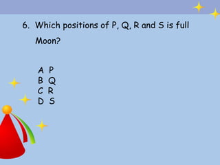 6. Which positions of P, Q, R and S is full
   Moon?


   A   P
   B   Q
   C   R
   D   S
 