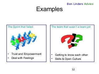 32 
Ben Linders Advies 
Examples 
The Sprint that failed 
•Trust and Empowerment 
•Deal with Feelings 
The team that wasn’...