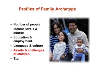 Profiles of Family Archetype Number of people  Income levels & source Education & employment Language & culture Assets & challenges of children Etc. 