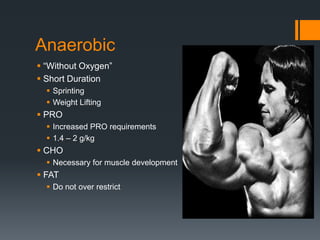 Anaerobic
 “Without Oxygen”
 Short Duration
 Sprinting
 Weight Lifting

 PRO
 Increased PRO requirements
 1.4 – 2 g/kg

 CHO
 Necessary for muscle development

 FAT
 Do not over restrict

 