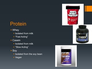 Protein
 Whey
 Isolated from milk
 “Fast Acting”

 Casein
 Isolated from milk
 “Slow Acting”

 Soy
 Isolated from the soy bean
 Vegan

 