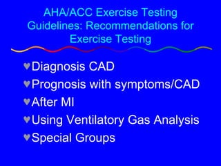 AHA/ACC Exercise Testing Guidelines: Recommendations for Exercise Testing Diagnosis CAD  Prognosis with symptoms/CAD After MI Using Ventilatory Gas Analysis Special Groups 
