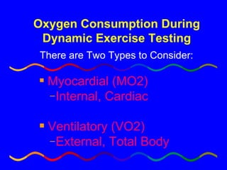 Oxygen Consumption During Dynamic Exercise Testing There are Two Types to Consider: Myocardial (MO2) Internal, Cardiac Ventilatory (VO2) External, Total Body 