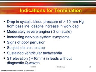 © 2009 McGraw-Hill Higher Education. All rights reserved.
Indications for Termination
 Drop in systolic blood pressure of > 10 mm Hg
from baseline, despite increase in workload
 Moderately severe angina ( 3 on scale)
 Increasing nervous system symptoms
 Signs of poor perfusion
 Subject desires to stop
 Sustained ventricular tachycardia
 ST elevation ( +10mm) in leads without
diagnostic Q-waves
1/9/2014 20Dr.Nidhi Ahya
 
