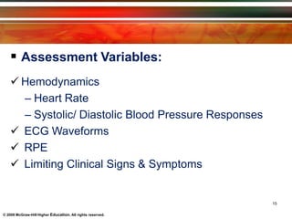  Assessment Variables:
 Hemodynamics
– Heart Rate
– Systolic/ Diastolic Blood Pressure Responses
 ECG Waveforms
 RPE
 Limiting Clinical Signs & Symptoms
© 2009 McGraw-Hill Higher Education. All rights reserved.
15
 