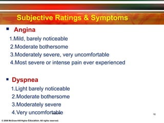 Subjective Ratings & Symptoms
© 2009 McGraw-Hill Higher Education. All rights reserved.
 Angina
1.Mild, barely noticeable
2.Moderate bothersome
3.Moderately severe, very uncomfortable
4.Most severe or intense pain ever experienced
 Dyspnea
1.Light barely noticeable
2.Moderate bothersome
3.Moderately severe
4.Very uncomfort
1a
/9/2
b
01l4e 18
 
