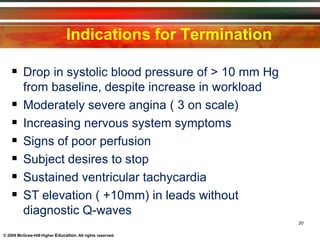 Indications for Termination
20
© 2009 McGraw-Hill Higher Education. All rights reserved.
 Drop in systolic blood pressure of > 10 mm Hg
from baseline, despite increase in workload
 Moderately severe angina ( 3 on scale)
 Increasing nervous system symptoms
 Signs of poor perfusion
 Subject desires to stop
 Sustained ventricular tachycardia
 ST elevation ( +10mm) in leads without
diagnostic Q-waves
 