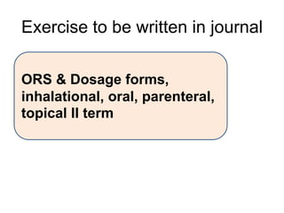 Exercise to be written in journal
ORS & Dosage forms,
inhalational, oral, parenteral,
topical II term
 