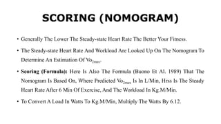 SCORING (NOMOGRAM)
• Generally The Lower The Steady-state Heart Rate The Better Your Fitness.
• The Steady-state Heart Rate And Workload Are Looked Up On The Nomogram To
Determine An Estimation Of Vo2max.
• Scoring (Formula): Here Is Also The Formula (Buono Et Al. 1989) That The
Nomogram Is Based On, Where Predicted Vo2max Is In L/Min, Hrss Is The Steady
Heart Rate After 6 Min Of Exercise, And The Workload In Kg.M/Min.
• To Convert A Load In Watts To Kg.M/Min, Multiply The Watts By 6.12.
 