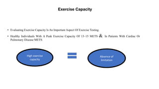 Exercise Capacity
• Evaluating Exercise Capacity Is An Important Aspect Of Exercise Testing.
• Healthy Individuals With A Peak Exercise Capacity Of 13–15 METS & In Patients With Cardiac Or
Pulmonary Disease METS
High exercise
capacity
Absence of
limitation
 