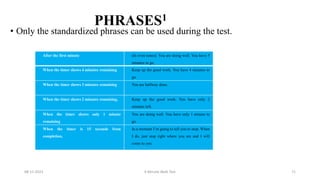 PHRASES1
• Only the standardized phrases can be used during the test.
08-11-2023 6 Minute Walk Test 71
After the first minute (In even tones): You are doing well. You have 5
minutes to go.
When the timer shows 4 minutes remaining Keep up the good work. You have 4 minutes to
go.
When the timer shows 3 minutes remaining You are halfway done.
When the timer shows 2 minutes remaining, Keep up the good work. You have only 2
minutes left.
When the timer shows only 1 minute
remaining
You are doing well. You have only 1 minute to
go.
When the timer is 15 seconds from
completion,
In a moment I’m going to tell you to stop. When
I do, just stop right where you are and I will
come to you.
 