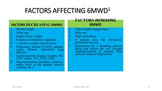 FACTORS AFFECTING 6MWD1
FACTORS DECREASING 6MWD
1. Shorter height
2. Older age
3. Higher body weight
4. Female sex Impaired cognition
5. A shorter corridor (more turns)
6. Pulmonary disease (COPD, asthma,
cystic fibrosis, interstitial lung
disease)
7. Cardiovascular disease (angina, MI,
CHF, stroke, TIA, PVD, AAI)
8. Musculoskeletal disorders (arthritis,
ankle, knee, or hip injuries, muscle
wasting, etc.)
FACTORS INCREASING
6MWD
1. Taller height (longer legs)
2. Male sex
3. High motivation
4. A patient who has previously
performed the test.
5. Medication for a disabling disease
taken just before the test Oxygen
supplementation in patients with
exercise-induced hypoxemia.
08-11-2023 6 Minute Walk Test 73
 