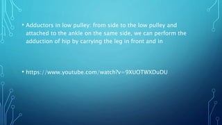 • Adductors in low pulley: from side to the low pulley and
attached to the ankle on the same side, we can perform the
adduction of hip by carrying the leg in front and in
• https://www.youtube.com/watch?v=9XUOTWXDuDU
 