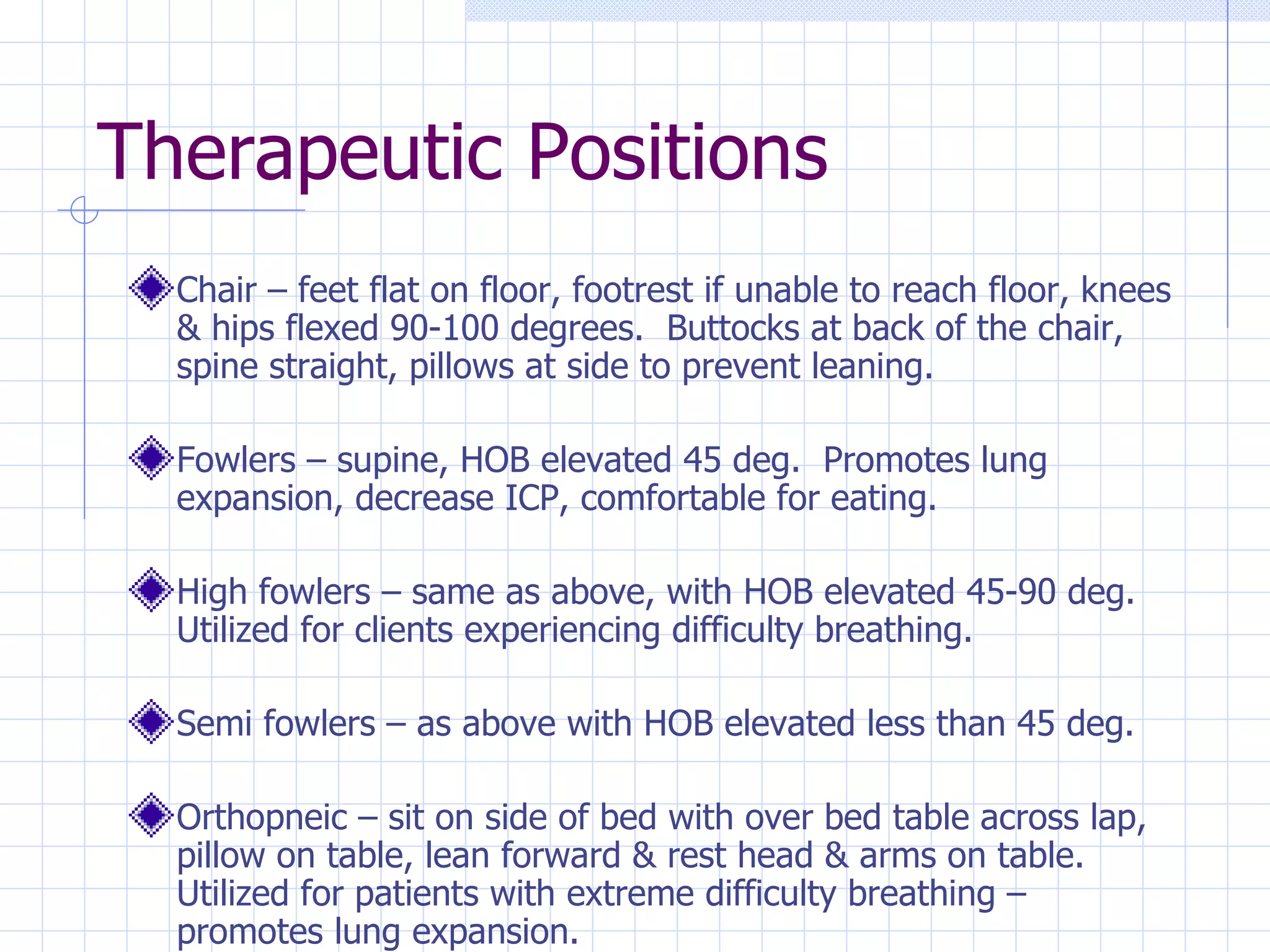 Therapeutic Positions Chair – feet flat on floor, footrest if unable to reach floor, knees & hips flexed 90-100 degrees.  Buttocks at back of the chair, spine straight, pillows at side to prevent leaning. Fowlers – supine, HOB elevated 45 deg.  Promotes lung expansion, decrease ICP, comfortable for eating. High fowlers – same as above, with HOB elevated 45-90 deg.  Utilized for clients experiencing difficulty breathing. Semi fowlers – as above with HOB elevated less than 45 deg. Orthopneic – sit on side of bed with over bed table across lap, pillow on table, lean forward & rest head & arms on table.  Utilized for patients with extreme difficulty breathing – promotes lung expansion. 