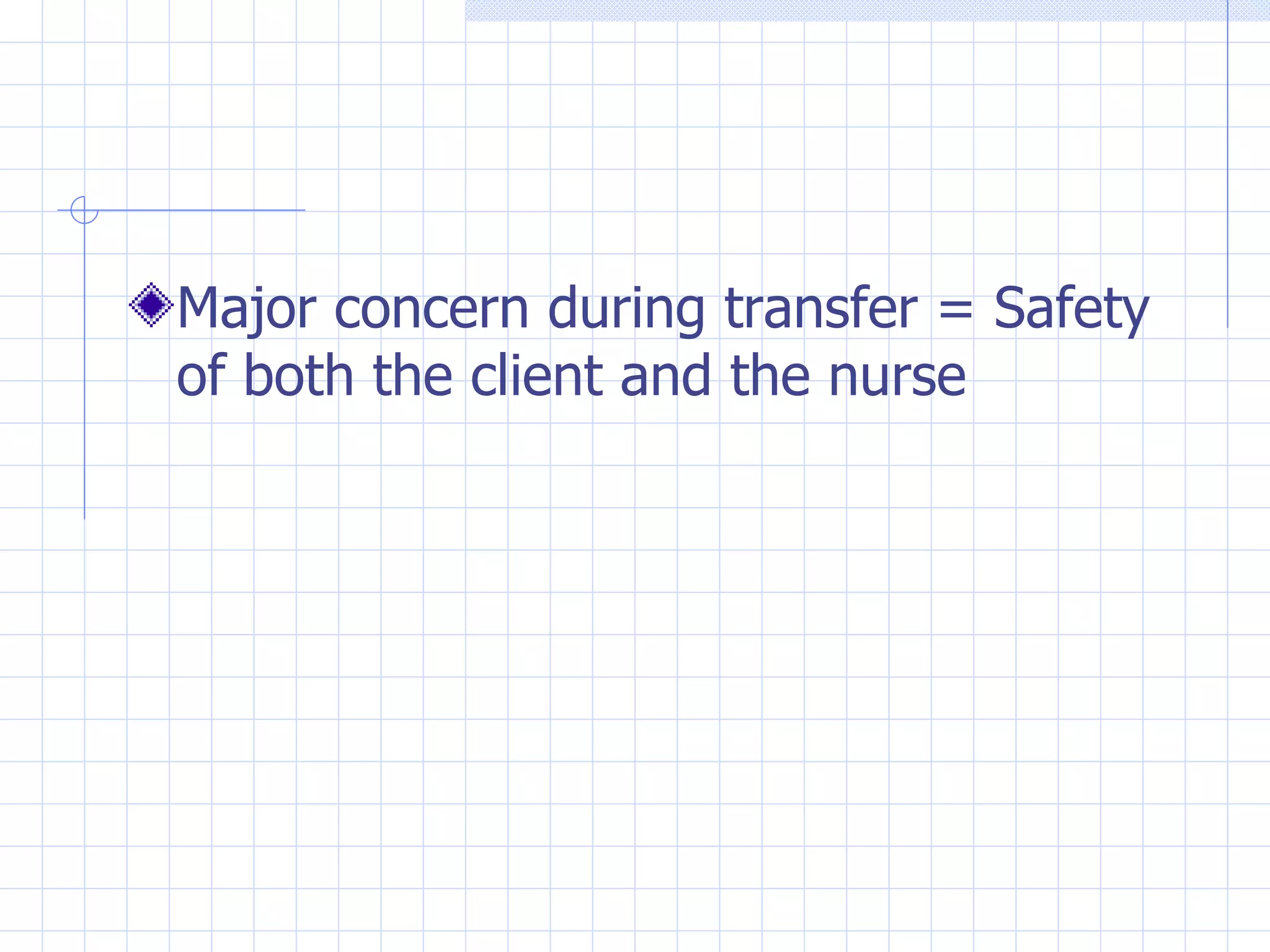 Major concern during transfer = Safety of both the client and the nurse 