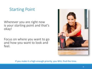 Starting Point
Wherever you are right now
is your starting point and that’s
okay!
Focus on where you want to go
and how you want to look and
feel.
19
If you make it a high enough priority, you WILL find the time.
 