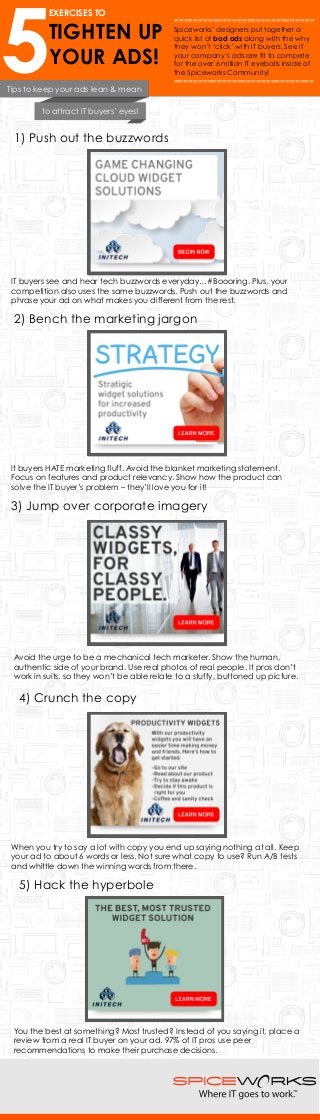 5 
EXERCISES TO 
TIGHTEN UP 
YOUR ADS! 
============================= 
Tips to keep your ads lean & mean 
to attract IT buyers’ eyes! 
Spiceworks’ designers put together a 
quick list of bad ads along with the why 
they won’t ‘click’ with IT buyers. See if 
your company’s ads are fit to compete 
for the over 6 million IT eyeballs inside of 
the Spiceworks Community! 
============================= 
1) Push out the buzzwords 
IT buyers see and hear tech buzzwords everyday…#Boooring. Plus, your 
competition also uses the same buzzwords. Push out the buzzwords and 
phrase your ad on what makes you different from the rest. 
2) Bench the marketing jargon 
It buyers HATE marketing fluff. Avoid the blanket marketing statement. 
Focus on features and product relevancy. Show how the product can 
solve the IT buyer’s problem – they’ll love you for it! 
3) Jump over corporate imagery 
Avoid the urge to be a mechanical tech marketer. Show the human, 
authentic side of your brand. Use real photos of real people. It pros don’t 
work in suits, so they won’t be able relate to a stuffy, buttoned up picture. 
4) Crunch the copy 
When you try to say a lot with copy you end up saying nothing at all. Keep 
your ad to about 6 words or less. Not sure what copy to use? Run A/B tests 
and whittle down the winning words from there. 
5) Hack the hyperbole 
You the best at something? Most trusted? Instead of you saying it, place a 
review from a real IT buyer on your ad. 97% of IT pros use peer 
recommendations to make their purchase decisions. 
