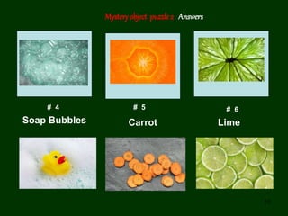 10
Mystery object puzzle2 Answers
# 4 # 5 # 6
Soap Bubbles Carrot Lime
 