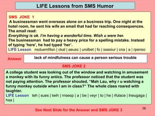 38
LIFE Lessons from SMS Humor
SMS JOKE 2
lack of mindfulness can cause a person serious trouble
Answer
A college student was looking out of the window and watching in amusement
a monkey with its funny antics. The professor noticed that the student was
not paying attention. The professor shouted, “Mah Lau, why r u watching a
funny monkey outside when I am in class?” The whole class roared with
laughter.
LIFE Lesson teh | sues | twih | rnseop | a | be | veyr | to | he | rfulace | lneugaga |
hsa |
See Next Slide for the Answer and SMS JOKE 3
SMS JOKE 1
A businessman went overseas alone on a business trip. One night at the
hotel room, he sent his wife an email that had far reaching consequences.
The email read:
Everything is ok. I’m having a wonderful time. Wish u were her.
The businessman had to pay a heavy price for a spelling mistake. Instead
of typing ‘here’, he had typed ‘her’.
LIFE Lesson nsduemfilsn | ckal | aeusc | urolbet | fo | sseoiur | cna | a | rpenso
 