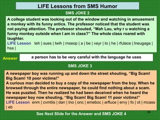 39
LIFE Lessons from SMS Humor
SMS JOKE 2
See Next Slide for the Answer and SMS JOKE 4
Answer a person has to be very careful with the language he uses
SMS JOKE 3
A newspaper boy was running up and down the street shouting, “Big Scam!
Big Scam! 10 poor victims!”
A curious man decided to buy a copy of the newspaper from the boy. When he
browsed through the entire newspaper, he could find nothing about a scam.
He was puzzled. Then he realized he had been deceived when he heard the
newspaper boy now shouting, “Big Scam! Big Scam! 11 poor victims!”
LIFE Lesson enm | cvmtiis | dan | tno | onc | emeboc | arfluce | ervy | fo | ot | mcass
| eb
A college student was looking out of the window and watching in amusement
a monkey with its funny antics. The professor noticed that the student was
not paying attention. The professor shouted, “Mah Lau, why r u watching a
funny monkey outside when I am in class?” The whole class roared with
laughter.
LIFE Lesson teh | sues | twih | rnseop | a | be | veyr | to | he | rfulace | lneugaga |
hsa |
 
