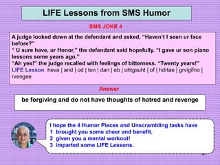 41
LIFE Lessons from SMS Humor
SMS JOKE 4
Answer
be forgiving and do not have thoughts of hatred and revenge
I hope the 4 Humor Pieces and Unscrambling tasks have
1 brought you some cheer and benefit.
2 given you a mental workout!
3 imparted some LIFE Lessons.
A judge looked down at the defendant and asked, “Haven’t I seen ur face
before?”
“ U sure have, ur Honor,” the defendant said hopefully. “I gave ur son piano
lessons some years ago.”
“Ah yes!” the judge recalled with feelings of bitterness. “Twenty years!”
LIFE Lesson heva | and | od | ton | dan | eb | ohtgsuht | of | hdrtae | grvigifno |
rvengee
 