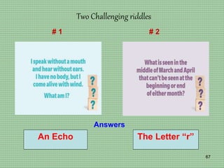 67
Two Challenging riddles
Answers
# 1 # 2
An Echo The Letter “r”
 