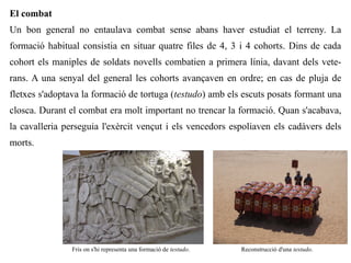 El combat
Un bon general no entaulava combat sense abans haver estudiat el terreny. La
formació habitual consistia en situar quatre files de 4, 3 i 4 cohorts. Dins de cada
cohort els maniples de soldats novells combatien a primera línia, davant dels vete-
rans. A una senyal del general les cohorts avançaven en ordre; en cas de pluja de
fletxes s'adoptava la formació de tortuga (testudo) amb els escuts posats formant una
closca. Durant el combat era molt important no trencar la formació. Quan s'acabava,
la cavalleria perseguia l'exèrcit vençut i els vencedors espoliaven els cadàvers dels
morts.




                Fris on s'hi representa una formació de testudo.   Reconstrucció d'una testudo.
 