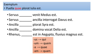 • Servus _______ venit Medus est.
• Servus _______ ancilla interrogat Davus est.
• Ancilla _______ plorat Syra est.
• Ancilla _______ domina vocat Delia est.
• Rhenus, ______ est in Aegypto, fluvius magnus est.
-us → qui
-um → quem
-a → quae
-am → quam
Exemplum
• Puella quae plorat Iulia est.
 