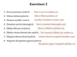 Exercitium 2
1. Servus puerum excitāvit.
2. Mārcus Iūliam pulsāvit.
3. Domina ancillās vocāvit.
4. Dominus servōs interrogāvit.
5. Mēdus Dāvum accūsāvit.
6. Mēdus vōcem dominī nōn audīvit.
7. Magister litterās Sextī laudāvit.
8. Magister discipulum pigrum pūnīvit.
Puer ā servō excitātus est.
Iūlia ā Mārcō pulsāta est.
Ancillae ā dominā vocātae sunt.
Servī ā dominō interrogātī sunt.
Dāvus ā Mēdō accūsātus est.
Vōx dominī ā Mēdō nōn audīta est.
Litterae Sextī ā magistrō laudātae sunt.
Discipulus piger ā magistrō pūnītus est.
 