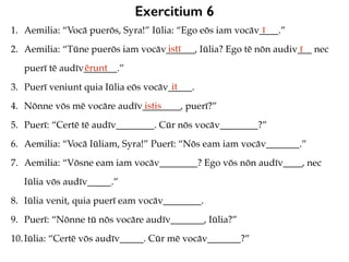 Exercitium 6
1. Aemilia: “Vocā puerōs, Syra!” Iūlia: “Ego eōs iam vocāv____.”
2. Aemilia: “Tūne puerōs iam vocāv______, Iūlia? Ego tē nōn audiv___ nec
puerī tē audīv_______.”
3. Puerī veniunt quia Iūlia eōs vocāv_____.
4. Nōnne vōs mē vocāre audīv________, puerī?”
5. Puerī: “Certē tē audīv________. Cūr nōs vocāv________?”
6. Aemilia: “Vocā Iūliam, Syra!” Puerī: “Nōs eam iam vocāv_______.”
7. Aemilia: “Vōsne eam iam vocāv________? Ego vōs nōn audīv____, nec
Iūlia vōs audīv_____.”
8. Iūlia venit, quia puerī eam vocāv________.
9. Puerī: “Nōnne tū nōs vocāre audīv_______, Iūlia?”
10.Iūlia: “Certē vōs audīv_____. Cūr mē vocāv_______?”
ī
istī ī
ērunt
it
istis
 