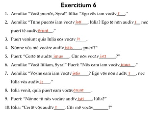 Exercitium 6
1. Aemilia: “Vocā puerōs, Syra!” Iūlia: “Ego eōs iam vocāv____.”
2. Aemilia: “Tūne puerōs iam vocāv______, Iūlia? Ego tē nōn audiv___ nec
puerī tē audīv_______.”
3. Puerī veniunt quia Iūlia eōs vocāv_____.
4. Nōnne vōs mē vocāre audīv________, puerī?”
5. Puerī: “Certē tē audīv________. Cūr nōs vocāv________?”
6. Aemilia: “Vocā Iūliam, Syra!” Puerī: “Nōs eam iam vocāv_______.”
7. Aemilia: “Vōsne eam iam vocāv________? Ego vōs nōn audīv____, nec
Iūlia vōs audīv_____.”
8. Iūlia venit, quia puerī eam vocāv________.
9. Puerī: “Nōnne tū nōs vocāre audīv_______, Iūlia?”
10.Iūlia: “Certē vōs audīv_____. Cūr mē vocāv_______?”
ī
istī ī
ērunt
it
istis
imus istī
imus
istis ī
it
ērunt
istī
ī
 