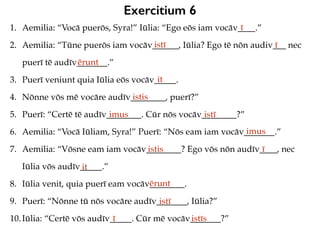 Exercitium 6
1. Aemilia: “Vocā puerōs, Syra!” Iūlia: “Ego eōs iam vocāv____.”
2. Aemilia: “Tūne puerōs iam vocāv______, Iūlia? Ego tē nōn audiv___ nec
puerī tē audīv_______.”
3. Puerī veniunt quia Iūlia eōs vocāv_____.
4. Nōnne vōs mē vocāre audīv________, puerī?”
5. Puerī: “Certē tē audīv________. Cūr nōs vocāv________?”
6. Aemilia: “Vocā Iūliam, Syra!” Puerī: “Nōs eam iam vocāv_______.”
7. Aemilia: “Vōsne eam iam vocāv________? Ego vōs nōn audīv____, nec
Iūlia vōs audīv_____.”
8. Iūlia venit, quia puerī eam vocāv________.
9. Puerī: “Nōnne tū nōs vocāre audīv_______, Iūlia?”
10.Iūlia: “Certē vōs audīv_____. Cūr mē vocāv_______?”
ī
istī ī
ērunt
it
istis
imus istī
imus
istis ī
it
ērunt
istī
ī istīs
 