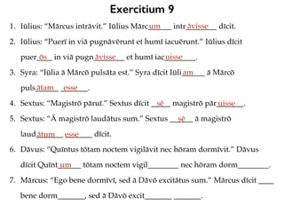 Exercitium 9
1. Iūlius: “Mārcus intrāvit.” Iūlius Mārc______ intr________ dīcit.
2. Iūlius: “Puerī in viā pugnāvērunt et humī iacuērunt.” Iūlius dīcit
puer____ in viā pugn________ et humī iac________.
3. Syra: “Iūlia ā Mārcō pulsāta est.” Syra dīcit Iūli______ ā Mārcō
puls______ _______.
4. Sextus: “Magistrō pāruī.” Sextus dīcit _____ magistrō pār_______.
5. Sextus: “Ā magistrō laudātus sum.” Sextus ______ ā magistrō
laud_______ _______ dīcit.
6. Dāvus: “Quīntus tōtam noctem vigilāvit nec hōram dormīvit.” Dāvus
dīcit Quīnt______ tōtam noctem vigil________ nec hōram dorm________.
7. Mārcus: “Ego bene dormīvī, sed ā Dāvō excitātus sum.” Mārcus dīcit ____
bene dorm_______, sed ā Dāvō excit_______ _______.
um āvisse
ōs āvisse uisse
am
ātam esse
sē uisse
sē
ātum esse
um
 
