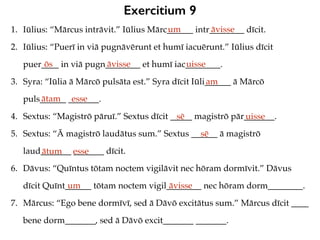 Exercitium 9
1. Iūlius: “Mārcus intrāvit.” Iūlius Mārc______ intr________ dīcit.
2. Iūlius: “Puerī in viā pugnāvērunt et humī iacuērunt.” Iūlius dīcit
puer____ in viā pugn________ et humī iac________.
3. Syra: “Iūlia ā Mārcō pulsāta est.” Syra dīcit Iūli______ ā Mārcō
puls______ _______.
4. Sextus: “Magistrō pāruī.” Sextus dīcit _____ magistrō pār_______.
5. Sextus: “Ā magistrō laudātus sum.” Sextus ______ ā magistrō
laud_______ _______ dīcit.
6. Dāvus: “Quīntus tōtam noctem vigilāvit nec hōram dormīvit.” Dāvus
dīcit Quīnt______ tōtam noctem vigil________ nec hōram dorm________.
7. Mārcus: “Ego bene dormīvī, sed ā Dāvō excitātus sum.” Mārcus dīcit ____
bene dorm_______, sed ā Dāvō excit_______ _______.
um āvisse
ōs āvisse uisse
am
ātam esse
sē uisse
sē
ātum esse
um āvisse
 