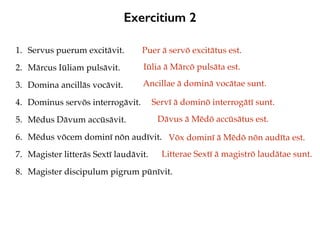 Exercitium 2
1. Servus puerum excitāvit.
2. Mārcus Iūliam pulsāvit.
3. Domina ancillās vocāvit.
4. Dominus servōs interrogāvit.
5. Mēdus Dāvum accūsāvit.
6. Mēdus vōcem dominī nōn audīvit.
7. Magister litterās Sextī laudāvit.
8. Magister discipulum pigrum pūnīvit.
Puer ā servō excitātus est.
Iūlia ā Mārcō pulsāta est.
Ancillae ā dominā vocātae sunt.
Servī ā dominō interrogātī sunt.
Dāvus ā Mēdō accūsātus est.
Vōx dominī ā Mēdō nōn audīta est.
Litterae Sextī ā magistrō laudātae sunt.
 