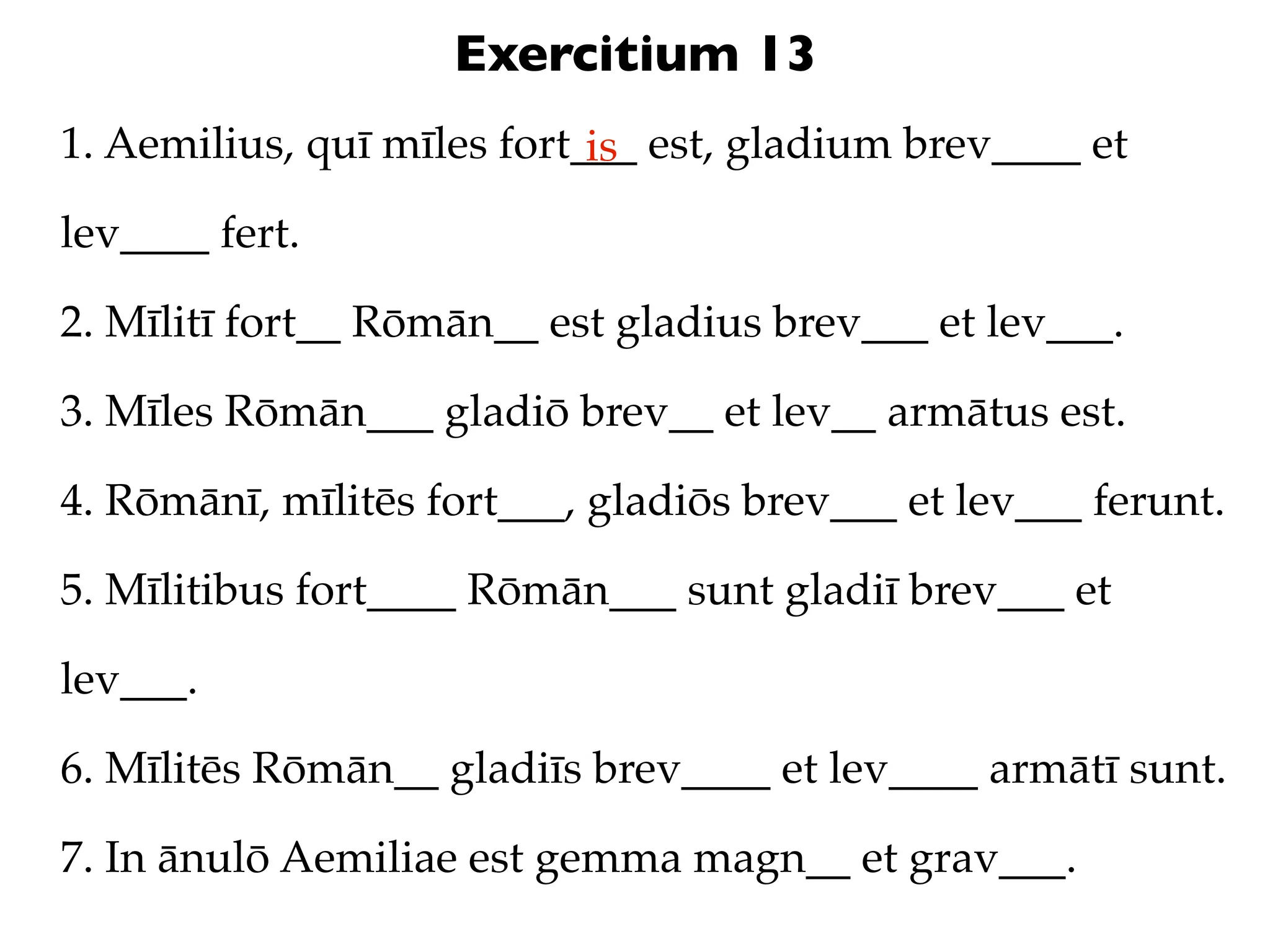 Exercitium 13
1. Aemilius, quī mīles fort___ est, gladium brev____ et
                            is
lev____ fert.

2. Mīlitī fort__ Rōmān__ est gladius brev___ et lev___.

3. Mīles Rōmān___ gladiō brev__ et lev__ armātus est.

4. Rōmānī, mīlitēs fort___, gladiōs brev___ et lev___ ferunt.

5. Mīlitibus fort____ Rōmān___ sunt gladiī brev___ et

lev___.

6. Mīlitēs Rōmān__ gladiīs brev____ et lev____ armātī sunt.

7. In ānulō Aemiliae est gemma magn__ et grav___.
 