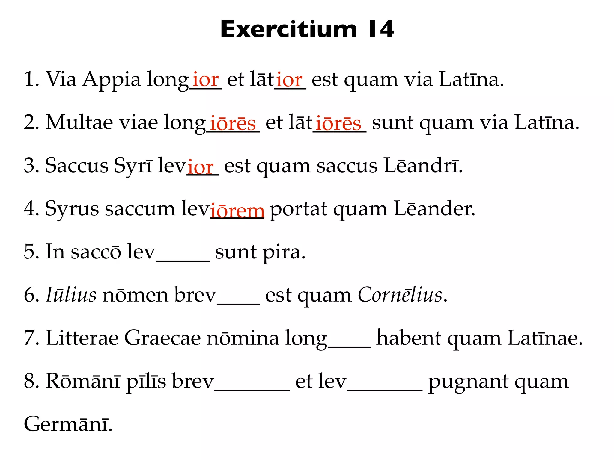 Exercitium 14
1. Via Appia long___ et lāt___ est quam via Latīna.
                 ior       ior
2. Multae viae long_____ et lāt_____ sunt quam via Latīna.
                   iōrēs       iōrēs
3. Saccus Syrī lev___ est quam saccus Lēandrī.
                  ior
4. Syrus saccum lev_____ portat quam Lēander.
                   iōrem
5. In saccō lev_____ sunt pira.

6. Iūlius nōmen brev____ est quam Cornēlius.

7. Litterae Graecae nōmina long____ habent quam Latīnae.

8. Rōmānī pīlīs brev_______ et lev_______ pugnant quam

Germānī.
 