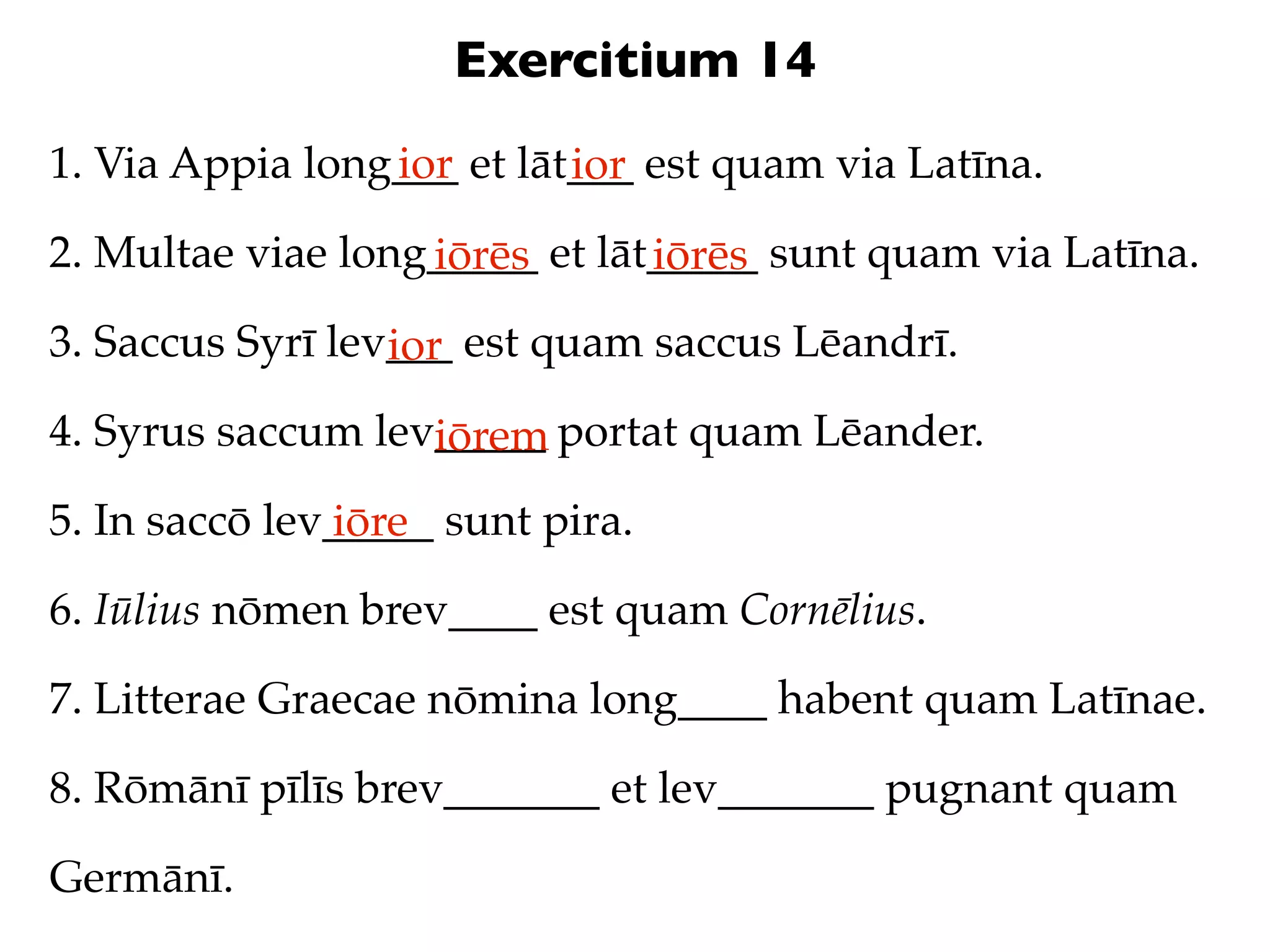 Exercitium 14
1. Via Appia long___ et lāt___ est quam via Latīna.
                 ior       ior
2. Multae viae long_____ et lāt_____ sunt quam via Latīna.
                   iōrēs       iōrēs
3. Saccus Syrī lev___ est quam saccus Lēandrī.
                  ior
4. Syrus saccum lev_____ portat quam Lēander.
                   iōrem
5. In saccō lev_____ sunt pira.
               iōre
6. Iūlius nōmen brev____ est quam Cornēlius.

7. Litterae Graecae nōmina long____ habent quam Latīnae.

8. Rōmānī pīlīs brev_______ et lev_______ pugnant quam

Germānī.
 