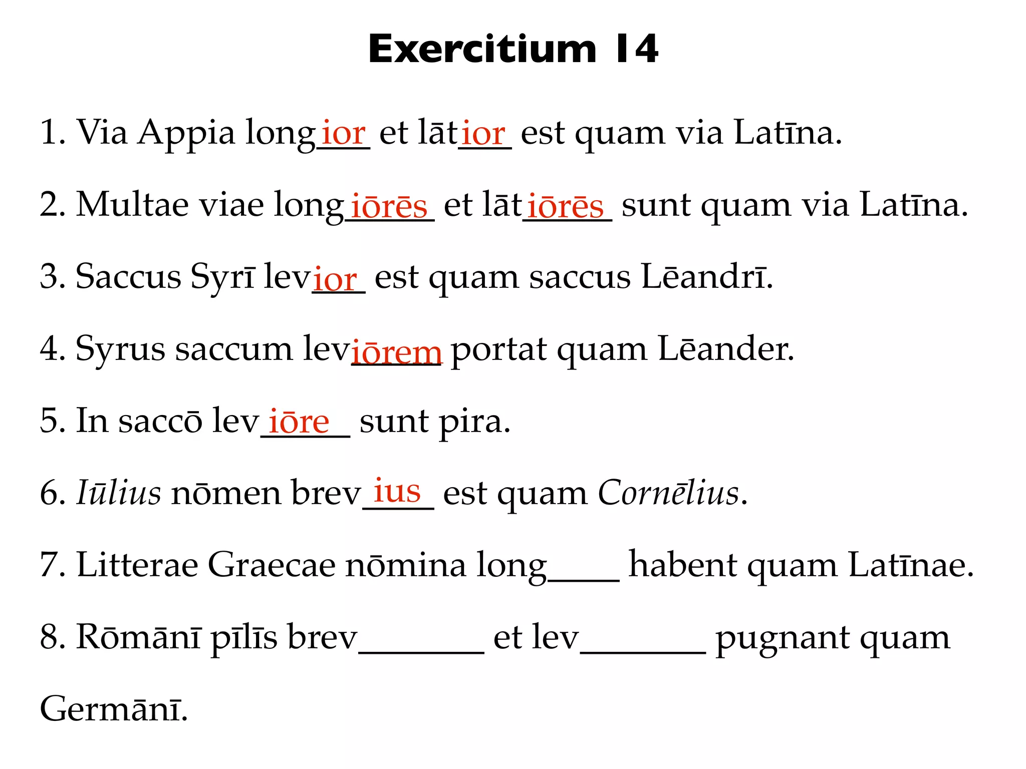 Exercitium 14
1. Via Appia long___ et lāt___ est quam via Latīna.
                 ior       ior
2. Multae viae long_____ et lāt_____ sunt quam via Latīna.
                   iōrēs       iōrēs
3. Saccus Syrī lev___ est quam saccus Lēandrī.
                  ior
4. Syrus saccum lev_____ portat quam Lēander.
                   iōrem
5. In saccō lev_____ sunt pira.
               iōre
                     ius
6. Iūlius nōmen brev____ est quam Cornēlius.

7. Litterae Graecae nōmina long____ habent quam Latīnae.

8. Rōmānī pīlīs brev_______ et lev_______ pugnant quam

Germānī.
 